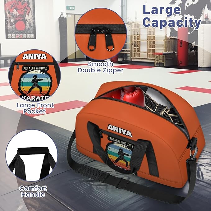Custom Name Taekwondo Karate Duffle Bag for kids Boy Girls - Personalized Martial Arts Gear Bag, Water-Resistant Sparring Equipment Bag, Karate Orange