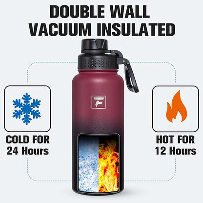 Fanhaw 32 oz Insulated Water Bottle – Portable Stainless Steel Flask with 3 Lids (Straw, Spout, Carabiner) | Leakproof, for Gym, Hiking, Work, Travel & Everyday Use (Red Black)