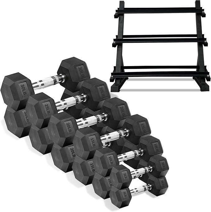 Rubber Hex Dumbbells with Storage Rack 350/450/550 LBS - Free Dumbbell Weight Set for Home Gym Equipment Exercise & Fitness Dumbbells for Strength Training