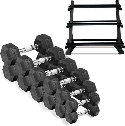 Rubber Hex Dumbbells with Storage Rack 350/450/550 LBS - Free Dumbbell Weight Set for Home Gym Equipment Exercise & Fitness Dumbbells for Strength Training