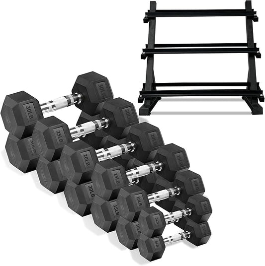 Rubber Hex Dumbbells with Storage Rack 350/450/550 LBS - Free Dumbbell Weight Set for Home Gym Equipment Exercise & Fitness Dumbbells for Strength Training