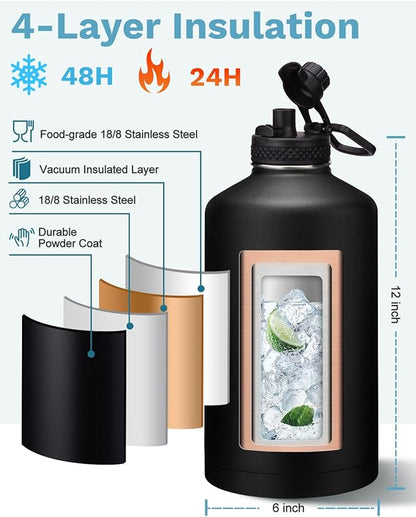 1 Gallon Water Bottle Insulated - with Straw & Auto Chug Lid, Carrier Bag, Protective Boot, Paracord Handle, Stainless Steel Water Bottle 128 oz, Large Metal One Gallon Water Jug for Travel Gym