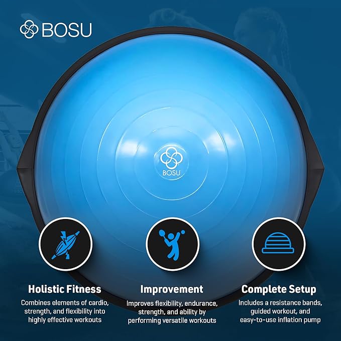 BOSU Pro Balance Trainer, Half-Ball Training Equipment, 300 lb Capacity, Stability Exercise Tool with Resistance Bands Non-Slip Base, Blue
