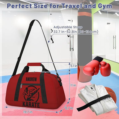 Custom Name Taekwondo Karate Duffle Bag for kids Boy Girls - Personalized Martial Arts Gear Bag, Water-Resistant Sparring Equipment Bag, Karate Red