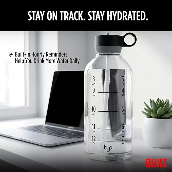 Built Byo 74 Oz Tritan Water Bottle with Straw (Black) - BPA-Free, Leakproof Lid, Wide Mouth Opening, Dishwasher Safe, Travel Handle - Reusable Bottle for Gym, Active Lifestyle, Daily Hydration Goals