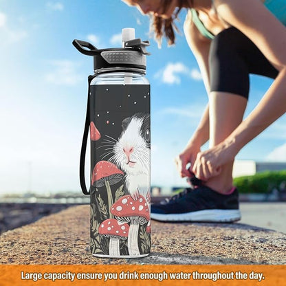 Fustylead Lovely Guinea Pig and Red Amanita Mushrooms Tritan Water Bottle with Straw and Lids, 32 oz Reusable BPA Free Sport Water Bottle for Gym Camping Hiking Travel