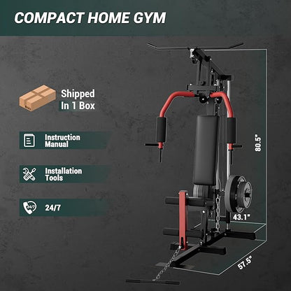 Multifunctional Home Gym Equipment - 300LBS Full Body Workout Machine with Lat Pulldown, Chest Press & Leg Extension | Fits 1" & 2" Weight Plates(not included) | Heavy-Duty Steel Frame & Pulley System