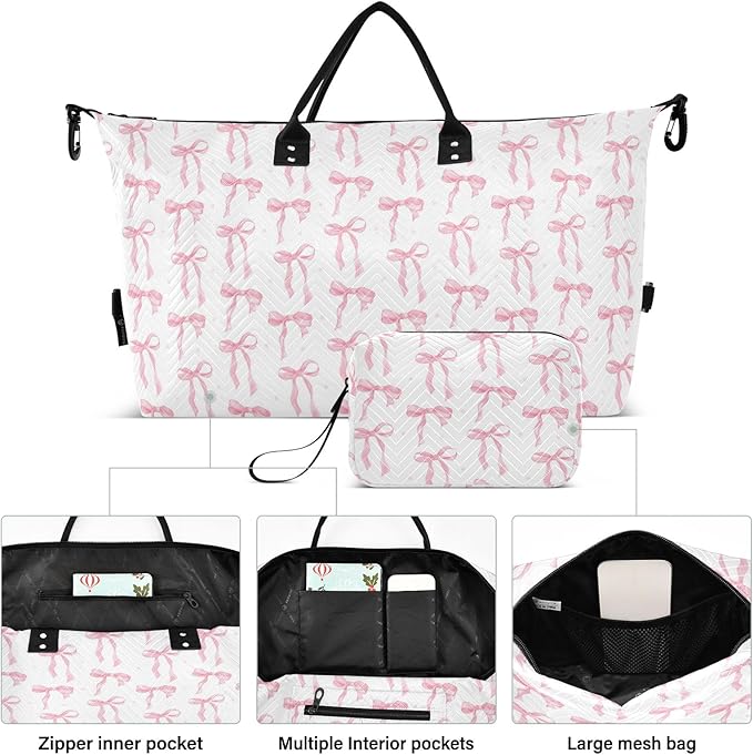 Weekender Bags Travel Duffel Gym Bag Carry on Overnight Tote Bag with Toiletry Bag for Airplane Travel Trip Gym Yoga (Pink Bow 61)