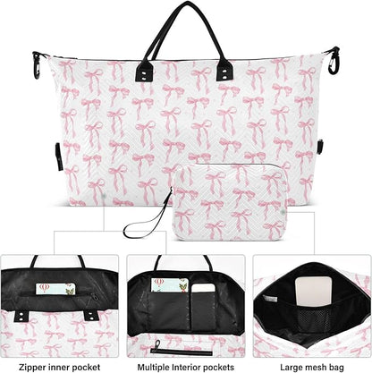 Weekender Bags Travel Duffel Gym Bag Carry on Overnight Tote Bag with Toiletry Bag for Airplane Travel Trip Gym Yoga (Pink Bow 61)