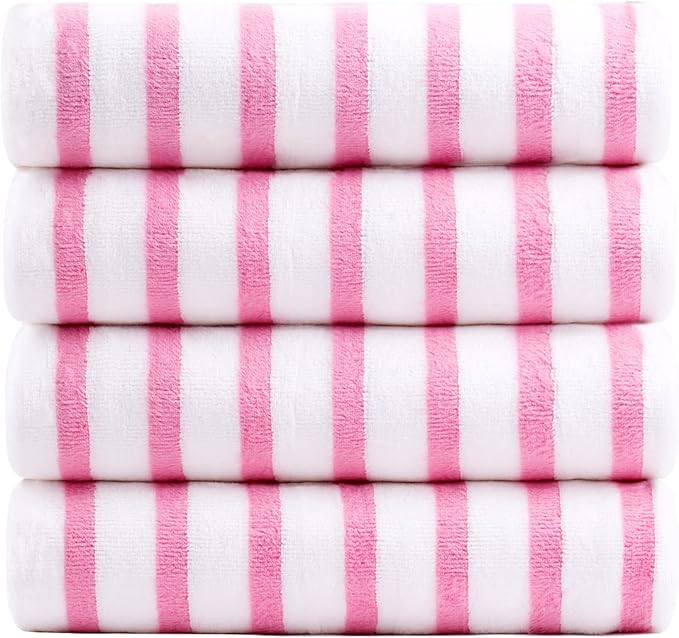 JML Beach Towels, 4 Pack, 30" x 60", Large Microfiber Bath Towel Set, Cabana Stripe, Absorbent, Quick Dry for Salon, Sauna, Hotel, Travel, Sport, Swimming, Pool, Yoga, Camping, Stripe Pink White