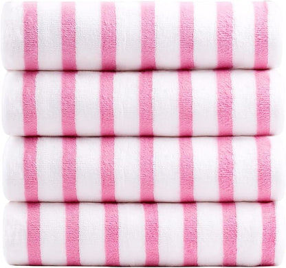 JML Beach Towels, 4 Pack, 30" x 60", Large Microfiber Bath Towel Set, Cabana Stripe, Absorbent, Quick Dry for Salon, Sauna, Hotel, Travel, Sport, Swimming, Pool, Yoga, Camping, Stripe Pink White
