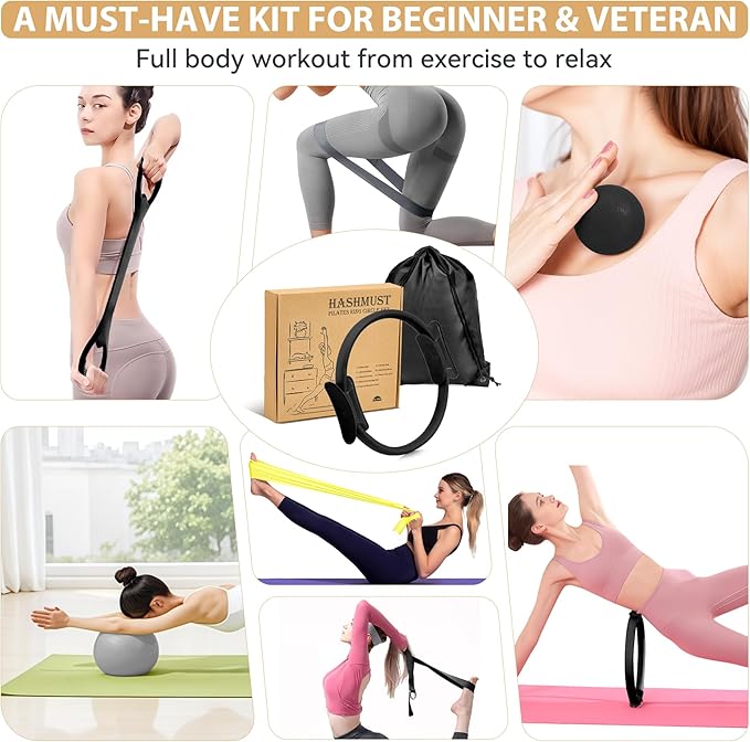 HASHMUST Pilates Ring Kit 12 PCS for Women, Home Workout Equipment with Magic Circle, Mini Exercise Ball, Resistance Bands, Massage Lacrosse, Yoga Strap, Full-Body Fitness Set for Toning & Gift