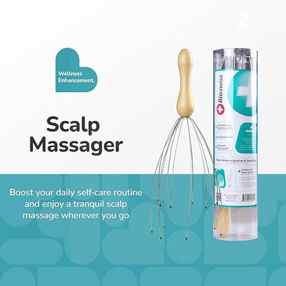 BioSwiss Scalp Massager, Handheld Head and Temple Massage Tool for Relaxation and Hair Stimulation