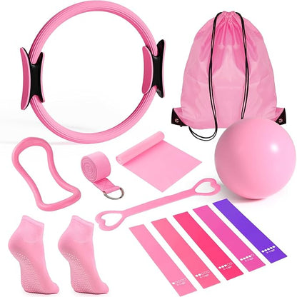 Pilates Equipment Set for Home Workouts, 4-in-1 Pilates Ring, Resistance Bands, Mini Exercise Ball & Fitness Strap, Full-Body Toning Kit for Beginners to Advanced, Core Strength & Flexibility Training