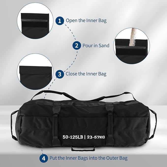 PeakPursuit Sandbags for Working Out with Handles, Adjustable Fitness Sandbags with Unfilled Inner Bag, Heavy Duty Sand Bags for Weight Training, Powerlifting Exercise & Full-Body Workouts