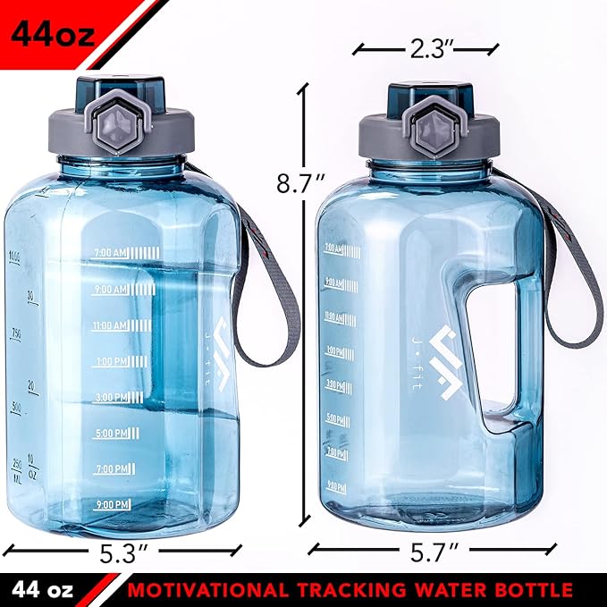 JFIT BPA Free Reusable Sports Water Bottle w/Time Markers, Leakproof Flip-Top Lid & Carry Strap – Durable PETG, 2.28" Wide-Mouth for Ice – Eco-Friendly, Odor-Free & Easy to Clean