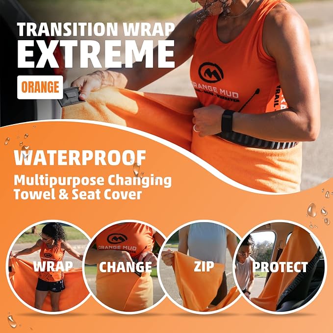 Orange Mud Transition Wrap Extreme – Orange Waterproof Car Seat Cover & Changing Towel – Secure Wrap for Athletes, Runners, Cyclists, Triathletes – Sweat-Proof, Quick-Dry, No-Slip Fit