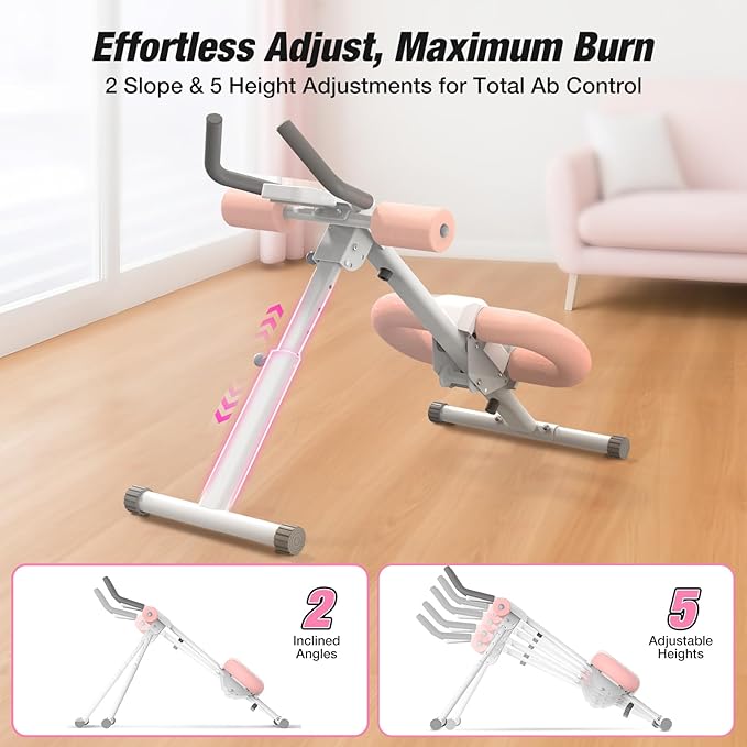 WARMOUNTS Ab Machine, Ab Workout Equipment, Adjustable Core & Ab Trainer Machine with Resistance Bands for Home Gym, Foldable, Knee Protection, Abdominal Exercise Equipment for Stomach Workout (Pink)