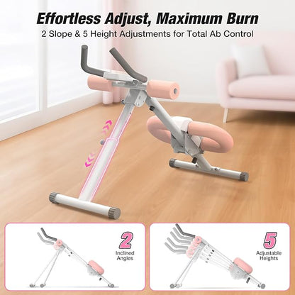 WARMOUNTS Ab Machine, Ab Workout Equipment, Adjustable Core & Ab Trainer Machine with Resistance Bands for Home Gym, Foldable, Knee Protection, Abdominal Exercise Equipment for Stomach Workout (Pink)