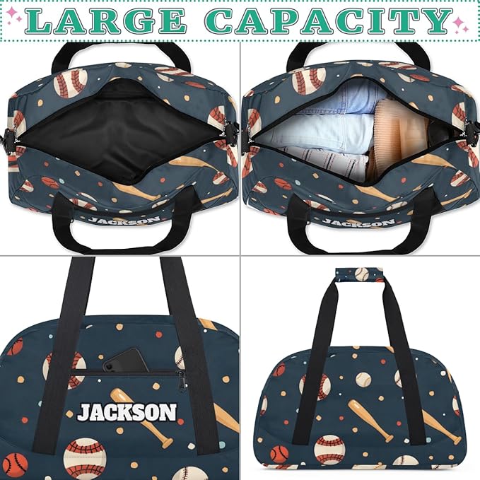 Personalized Baseball Gym Duffel Bags for Kids Boys with Custom Name Sport Training Travel Bags for Overnight Weekender, Dark Blue