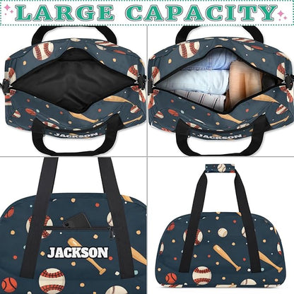 Personalized Baseball Gym Duffel Bags for Kids Boys with Custom Name Sport Training Travel Bags for Overnight Weekender, Dark Blue