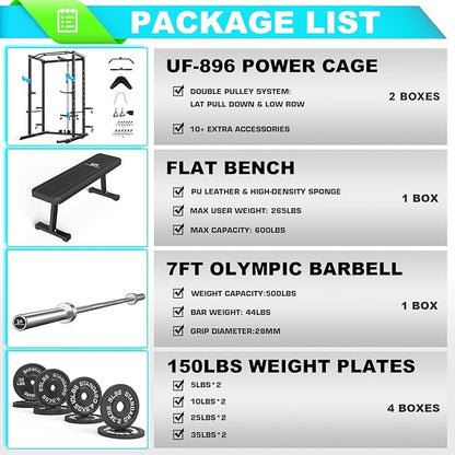 Power Cage, Multi-Functional Power Rack with J-Hooks, Dip Handles, Landmine Attachment and Optional Cable Pulley System for Home Gym