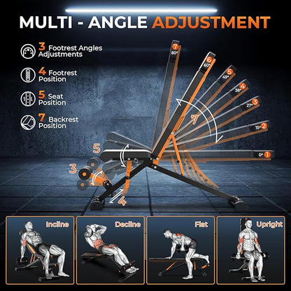 Adjustable Weight Bench, Foldable Incline Decline Flat Workout Bench Press with Extended Backrest, 80x40MM Heavy-Duty Steel Dumbbell Bench for Home Gym Full Body Strength Training