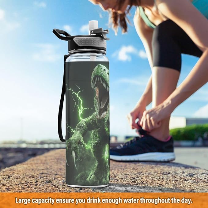 Fustylead 3d Angry Green Dinosaur 32oz Water Bottle with Straw, Leakproof Clear Sport Water Bottles for Gym Camping Hiking Travel