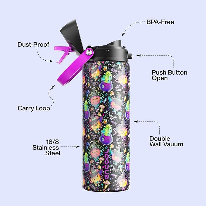 Insulated Water Bottle with Straw - Encool Stainless Steel Water Bottle with Push Button Lid, Leak-Proof & BPA-Free, Keeps Cold for 24 Hours for Sports, Travel, Gym (32 oz, Meowgic Night)