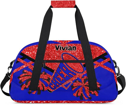Personalized Sports Cheer Duffel Bag, Custom Sport Gym Bag Large Compartment Cheerleaders Dance Bag Weekender Bags Travel Training Bag for men, Red Sequins Glitter Black Royal Blue