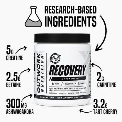 Outwork Nutrition Post Workout Recovery Powder - Creatine Monohydrate, KSM-66 Ashwagandha & Tart Cherry - Speeds Recovery, Eases Soreness - Creatine Powder for Men & Women, Unflavored, 240 Gr