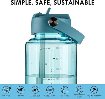OLDLEY 32 oz Clear Water Bottle with Straw,Tritan BPA-Free, Wide Mouth, Leak Proof - for Gym, Travel, Home, School, Office (Surfer)