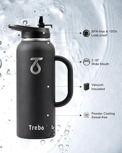 Trebo 40oz Water Bottle Insulated with Handle, Stainless Steel Metal Large Jug,Travel Flask with Straw Spout Lid,Mug Tumbler Cup,Keep Cold Hot, Indigo Black
