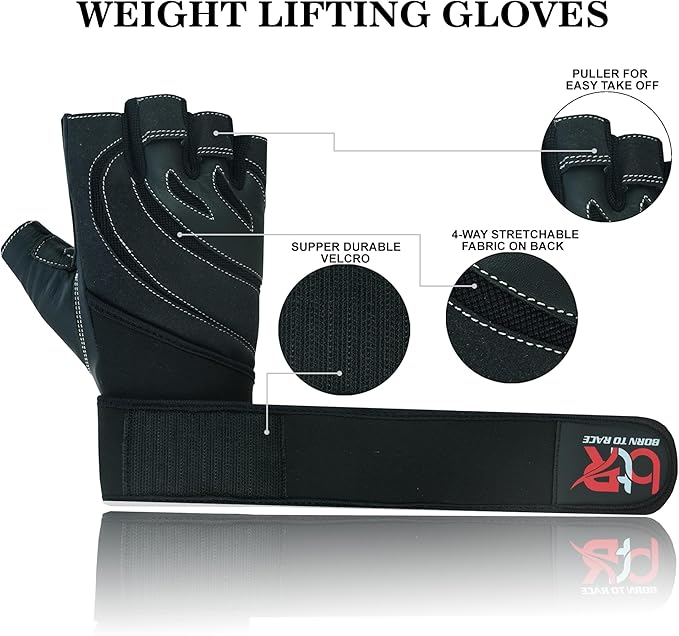 Weight Lifting Leather Padded Gloves for Men and Women Fingerless Body Building Long Wrist Support Training Gym Exercise Powerlifting Gloves Unisex Design