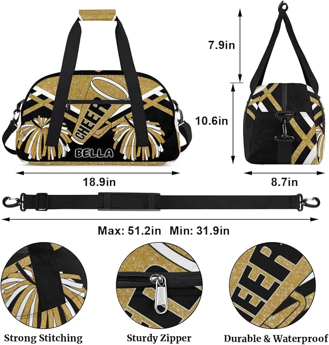Personalized Gym Bag Cheer Bag Kids Girls, Custom Name Weekender Gymnastics Cheerleading Training Bag for Women Traveling Business Trip, Yellow Gold Glitter Black