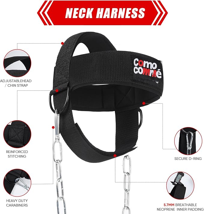 Fitness Neck Head Harness Trainer for Men and Women, Neck Exerciser with 29" Heavy Duty Steel Chain for Safely Lifting, Adjustable Neoprene Neck Exerciser for Weight Lifting, Home and Gym Use