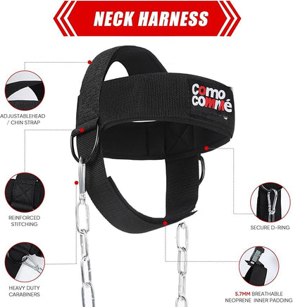 Fitness Neck Head Harness Trainer for Men and Women, Neck Exerciser with 29" Heavy Duty Steel Chain for Safely Lifting, Adjustable Neoprene Neck Exerciser for Weight Lifting, Home and Gym Use