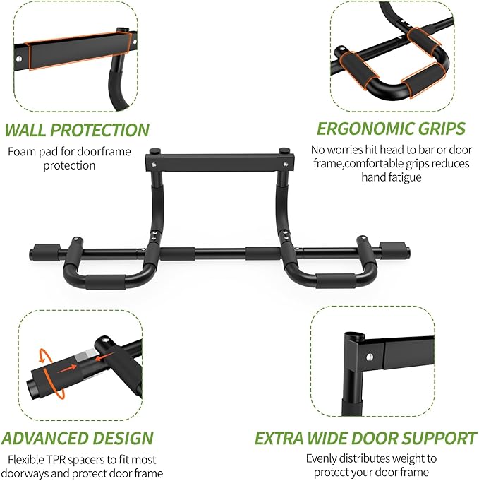 NOWAKE New Version Multi-Grip Pull up bar For Doorway,330lbs Heavy Duty 47.3 Inch Extra Width Portable Functional Ergonomic Design Door Frame Pull Up Bar With USA Patent For Home Gym Exercise