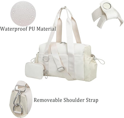 Everyday Mini Gym Bag for Women 2.0, Small Tote with Zipper Compartment Waterproof Travel Duffle Cute Handbag Workout Carry On with Removeable Shoulder Strap & Coin Wallet Easy to Clean - Beige
