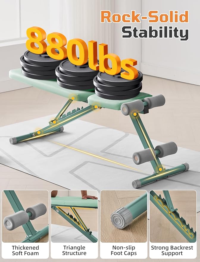 SPORTSOUL 880LB Weight Bench for Home Gym, 8-Position Backrest Adjustable Workout Bench for Strength Training – Incline Decline Flat, Foldable & Compact for Small Space Apartment Room Garage