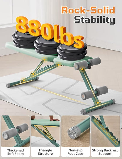 SPORTSOUL 880LB Weight Bench for Home Gym, 8-Position Backrest Adjustable Workout Bench for Strength Training – Incline Decline Flat, Foldable & Compact for Small Space Apartment Room Garage
