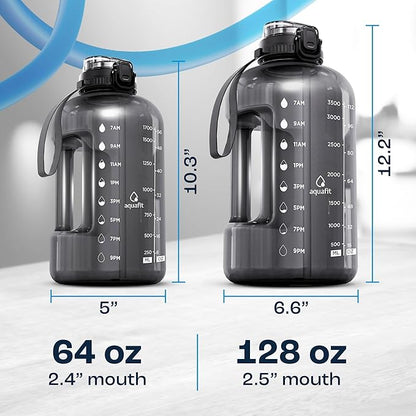 AQUAFIT Half Gallon Water Bottle with Time Marker - Straw & Chug Lid - BPA Free Gym Water Bottle with Straw - Big Gallon Jug (Blue, 64 oz - 2in1 Lid)