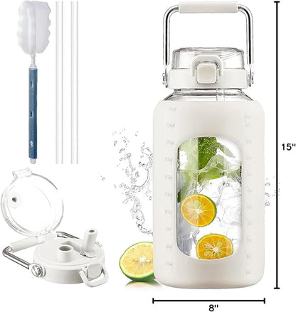 BLUEGO 84oz Water Bottle Glass with Stainless Steel Handle Large 2.5l Water Bottle with Time Markers and Silicone Sleeve Half Gallon Water Jug BPA Free for Gym Daily Use, White