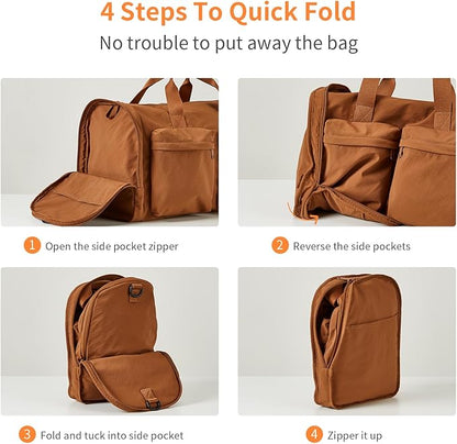 Aji Foldable Gym Bag for Women Men with Shoes Compartment, 3 in 1 Carry on Travel Duffel Bag with Trolley Sleeve, Lightweight&Water Resistant Duffel Bag for Travel, Sports, Fitness&Workout,Warm Brown