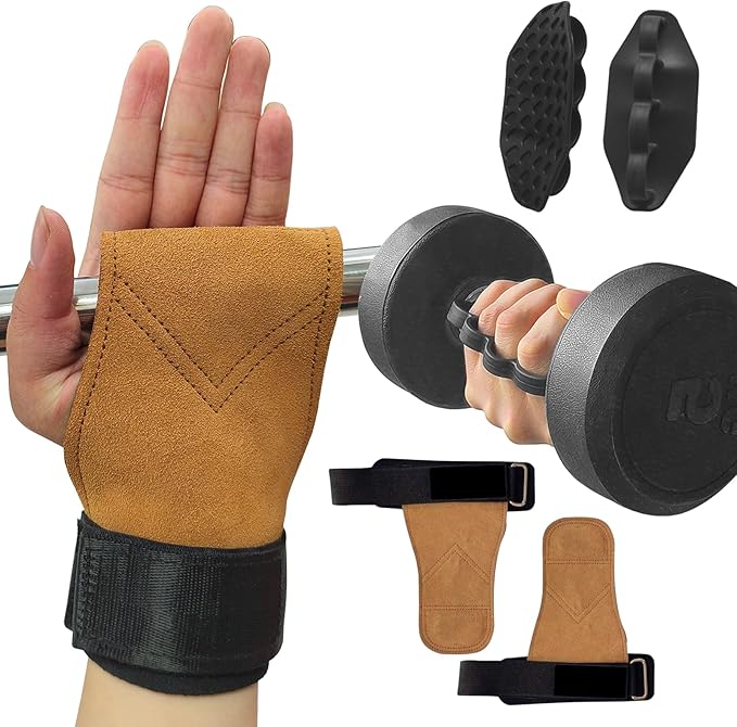 Weight Lifting Wrist Strap& Weight Lifting Grips ，Leather Weightlifting Wrist ，Rubber Gym Grips Pads Straps for Deadlifts, Heavy Powerlifting Strength Training, Gym Workouts Men/Women