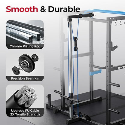 Sportsroyals Squat Rack, LAT Power Cage, Power Rack Multi-Function with Pulley System and Training Attachments for Home Gym