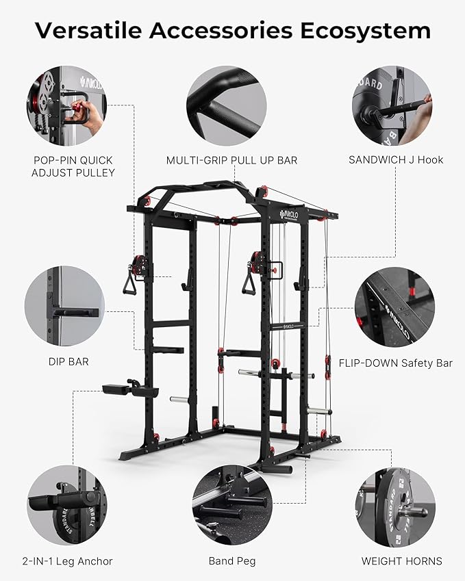 Mikolo K6 2.0 Power Cage, Power Rack with Cable Crossover System, 2000LBS Squat Rack with LAT Pull Down System, Functional Trainer with Aluminum Pulley System for Home Gym