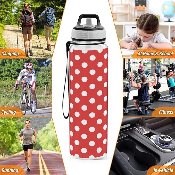 ALAZA Polka Dot Red White Sports Water Bottle with Straw Tritan Drink Bottle 32 oz BPA Free Reusable for Travel Outdoor Fitness