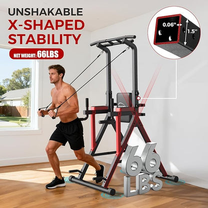 Power Tower Pull Up Bar Free Standing, 13-Level Adjustable Height Dip Station with X-Frame Stability, Multi-Grip Handles, Backrest, Anti-Slip Foot Pads, Home Gym Strength Training Equipment 400LBS