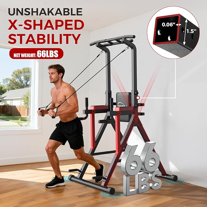 Power Tower Pull Up Bar Free Standing - 13-Level Adjustable Height Dip Station with X-Frame Stability, Multi-Grip Handles, Backrest, Anti-Slip Foot Pads - Home Gym Strength Training Equipment 400LBS
